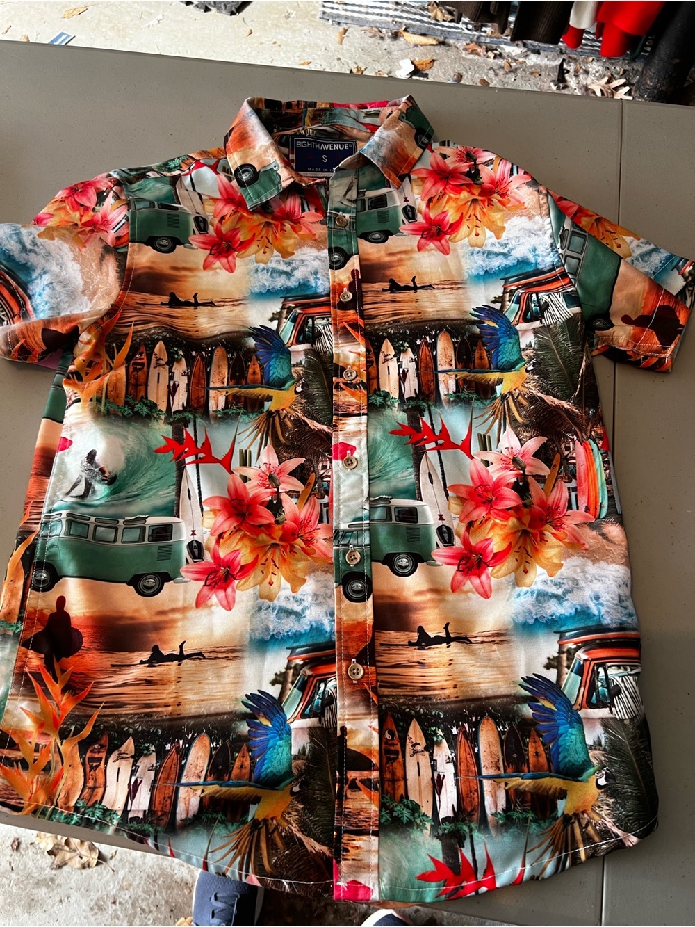 Kids fresh Tropical Surf Print Short Sleeve Shirt in Green, Orange, Pink, Blue
